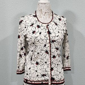 NWOT Talbots Floral Black Cream And Red Cardigan Size S p